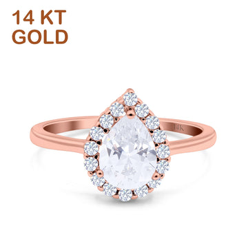 14K Rose Gold Teardrop Halo Art Deco Pear Ring Simulated Cubic Zirconia Wedding Engagement Ring